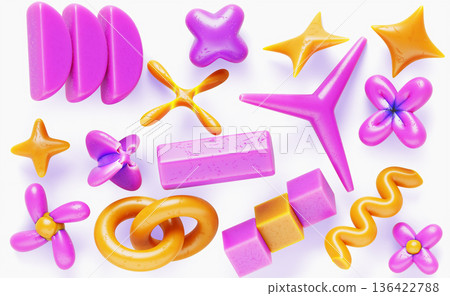 Memphis style abstract geometric 3d shapes - pink and yellow flowers, stars, wave lines, circles, ovals, cubes. Retro aesthetic design 80s, isolated simple, playful and bold elements. 3D illustration 136422788