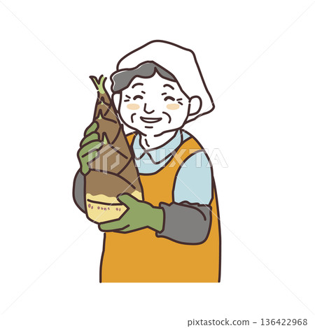 A simple illustration of a smiling senior female producer holding bamboo shoots A simple illustration of a smiling senior female producer holding bamboo shoots 136422968