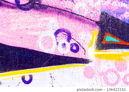 Colorful Urban Graffiti Wall with Abstract Shapes in Pink, Yellow, Purple for 90s, Y2K Street Style Colorful Urban Graffiti Wall with Abstract Shapes in Pink, Yellow, Purple for 90s, Y2K Street Style 136423181