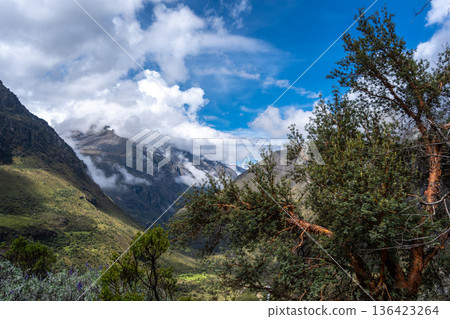 Snow-capped mountains and valley along the Laguna 69 trek in Huaraz, Peru 136423264