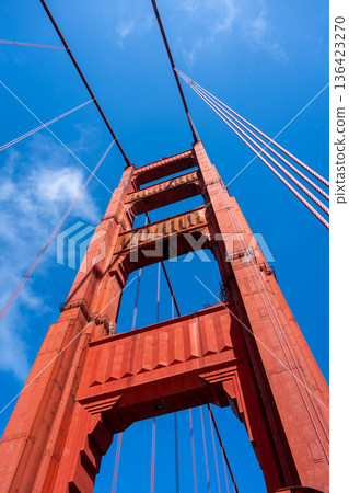 Golden Gate Bridge pedestrian walkway with red cables and blue sky Golden Gate Bridge pedestrian walkway with red cables and blue sky 136423270
