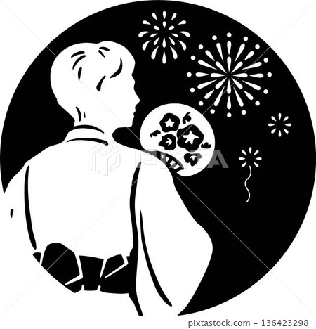 Illustration of a person in a yukata looking up at fireworks. Summer night, festival, Japanese tradition, fireworks, fan, modern Japanese style 136423298
