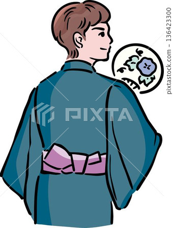 Back view of a man wearing a yukata. Summer festival, fireworks display, Japanese summer, cooling off with a fan, festival, sightseeing, summer vacation Back view of a man wearing a yukata. Summer festival, fireworks display, Japanese summer, cooling off with a fan, festival, sightseeing, summer vacation 136423300