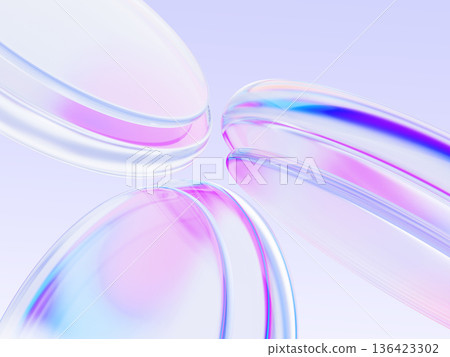 Holographic glass circle 3d shapes on pastel light background. Abstract bg with rainbow crystal plates, transparent circular discs with pink blue purple gradient and motion effect. 3D illustration 136423302