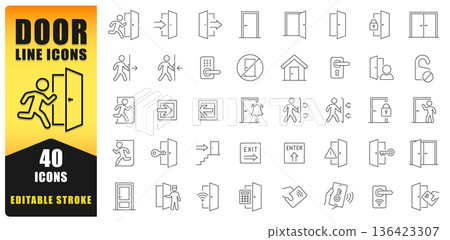 Door Line Icon Set Featuring Entry, Exit, Security, Access Control, And Emergency Symbols. Perfect For Web, Apps, Signage, Architecture, And Safety Design Projects. Isolated Vector Icons. Door Line Icon Set Featuring Entry, Exit, Security, Access Control, And Emergency Symbols. Perfect For Web, Apps, Signage, Architecture, And Safety Design Projects. Isolated Vector Icons. 136423307