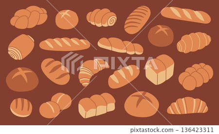 Flat vector bakery set with assorted bread, buns, baguettes and croissants. Warm brown color palette, cute minimal style, isolated food illustrations perfect for bakery branding, menus and packaging Flat vector bakery set with assorted bread, buns, baguettes and croissants. Warm brown color palette, cute minimal style, isolated food illustrations perfect for bakery branding, menus and packaging 136423311