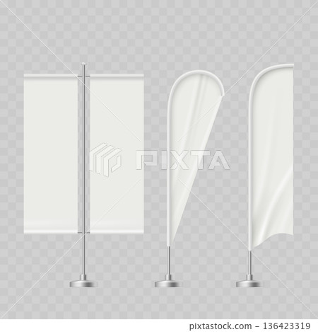 Realistic White Advertising Flag Mockup Set. Vector Feather, Teardrop and Rectangular Beach Banner Templates on Metal Stands. Realistic White Advertising Flag Mockup Set. Vector Feather, Teardrop and Rectangular Beach Banner Templates on Metal Stands. 136423319