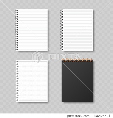 Realistic Spiral Notebook Mockup Set. Vector Lined, Grid and Squared Notepad Templates with Wire Binding. Realistic Spiral Notebook Mockup Set. Vector Lined, Grid and Squared Notepad Templates with Wire Binding. 136423321