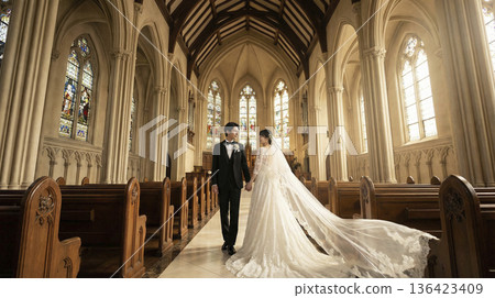A Japanese bride and groom in wedding attire standing with their long veils pulled back in a stained-glass cathedral A Japanese bride and groom in wedding attire standing with their long veils pulled back in a stained-glass cathedral 136423409