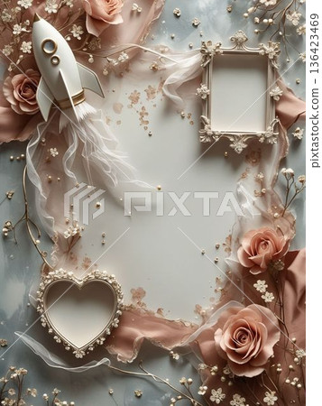 優雅的邊框背景素材,飾以火箭和玫瑰花圖案。柔和的粉紅系春季賀卡設計。 優雅的邊框背景素材,飾以火箭和玫瑰花圖案。柔和的粉紅系春季賀卡設計。 136423469