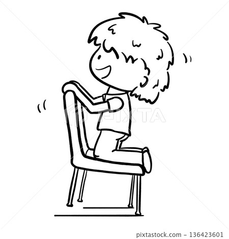 Boy kneeling and shaking the chair happily cartoon outline illustration 136423601