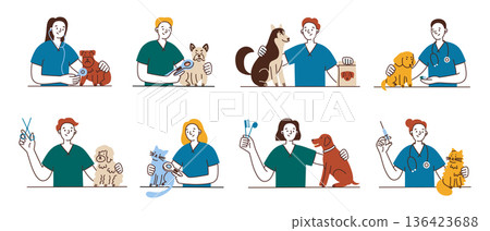 Pet care specialists set with veterinarians and groomer in daily work scenes. Flat cartoon vector illustration about animal health services, treatment, grooming and nutrition support for cats and dogs Pet care specialists set with veterinarians and groomer in daily work scenes. Flat cartoon vector illustration about animal health services, treatment, grooming and nutrition support for cats and dogs 136423688