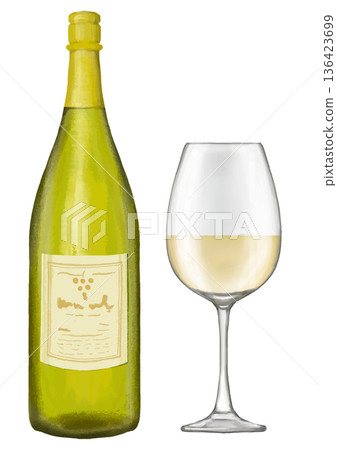 一杯白葡萄酒和一瓶葡萄酒。逼真插圖 一杯白葡萄酒和一瓶葡萄酒。逼真插圖 136423699