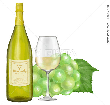 White wine (grapes, wine bottle and wine glass). Realistic illustration White wine (grapes, wine bottle and wine glass). Realistic illustration 136423701