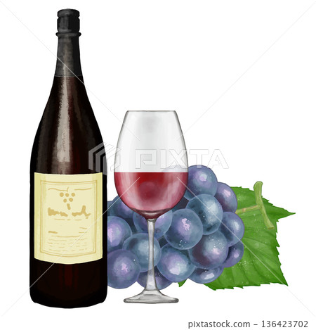 紅酒(葡萄、酒瓶和酒杯)。逼真插圖 紅酒(葡萄、酒瓶和酒杯)。逼真插圖 136423702