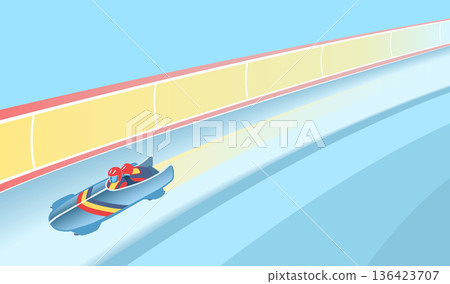 Bobsleigh - two athletes racing down icy track in aerodynamic sled. 136423707