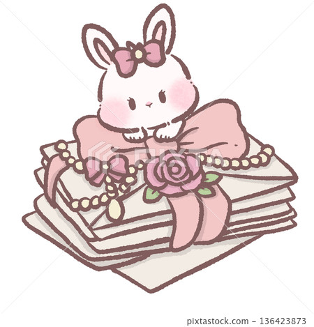Kawaii bunny sitting on stacked love letters with pink bow rose and pearl details soft pastel coquette illustration for romantic stationery and valentine themes Kawaii bunny sitting on stacked love letters with pink bow rose and pearl details soft pastel coquette illustration for romantic stationery and valentine themes 136423873