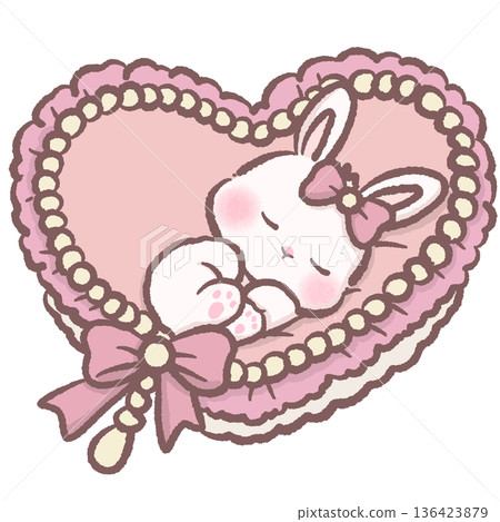 Sleeping bunny inside heart shaped pearl cushion soft pink romantic kawaii illustration for love themed clipart Sleeping bunny inside heart shaped pearl cushion soft pink romantic kawaii illustration for love themed clipart 136423879