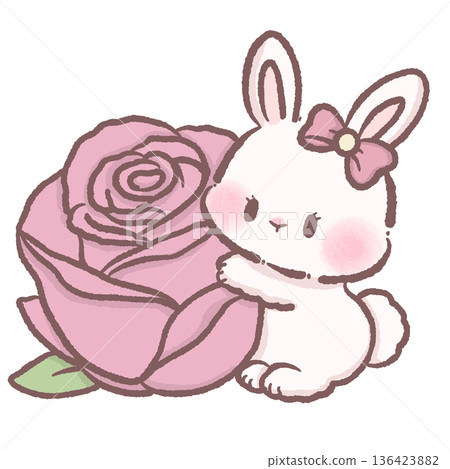 Cute bunny hugging large pink rose soft pastel kawaii illustration with romantic floral theme coquette style for valentine and spring designs Cute bunny hugging large pink rose soft pastel kawaii illustration with romantic floral theme coquette style for valentine and spring designs 136423882