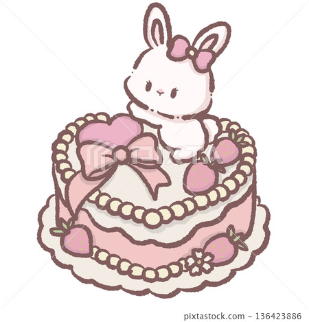 Cute Bunny Illustration Sitting on Strawberry Cream Cake with Pink Bow and Pearl Decoration in Kawaii Coquette Dessert Style Cute Bunny Illustration Sitting on Strawberry Cream Cake with Pink Bow and Pearl Decoration in Kawaii Coquette Dessert Style 136423886