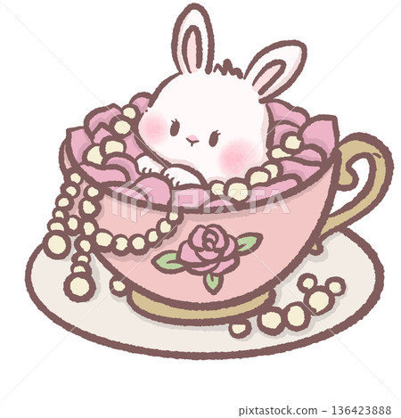 Cute bunny sitting inside pink teacup filled with roses and pearls pastel coquette illustration for romantic clipart Cute bunny sitting inside pink teacup filled with roses and pearls pastel coquette illustration for romantic clipart 136423888