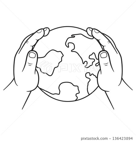 illustration of two human hands gently cradling the planet Earth. 136423894