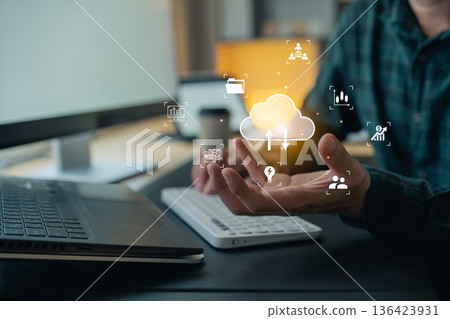 Business man using virtual cloud computing technology, data storage network, and digital interface for global business connection concept 136423931