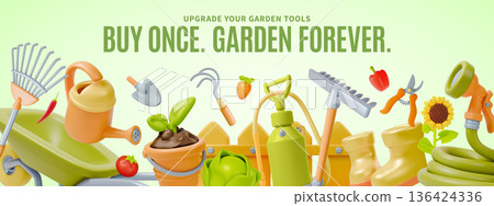 3d Update Your Garden Tools Buy Once Agricultural and Gardening Concept Ads Banner Poster Card Template. Vector illustration 3d Update Your Garden Tools Buy Once Agricultural and Gardening Concept Ads Banner Poster Card Template. Vector illustration 136424336