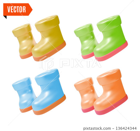 3d Different Color Rubber Boots Set Agricultural and Garden Concept Cartoon Design Style Isolated on a White Background. Vector illustration 136424344