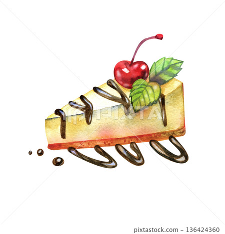 Hand-painted watercolor illustration of a delicious cheesecake slice. This realistic dessert sketch features chocolate drizzle, a bright red cherry, and fresh mint leaves, perfect for cafe menus and 136424360