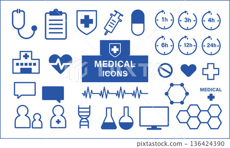 白色背景上的醫療保健圖示集，藍色符號代表醫院、藥房和實驗室服務 136424390