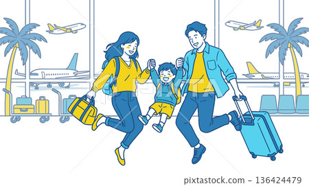 一幅描繪一家人旅行的插圖,畫面中有父母、孩子、飛機和行李箱,他們正準備從機場出發。 一幅描繪一家人旅行的插圖,畫面中有父母、孩子、飛機和行李箱,他們正準備從機場出發。 136424479