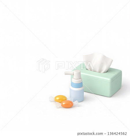 紙巾和鼻噴劑，俯視圖，正方形，白色背景，邊緣 136424562