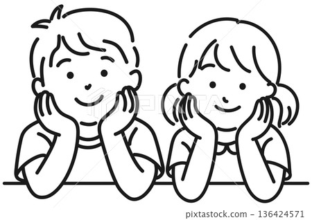 Brother and sister resting their chins on their hands - line drawing 136424571