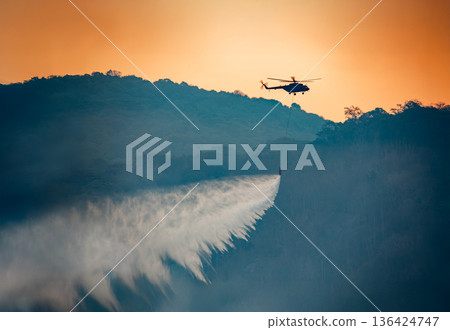 Fire fighting helicopter dropping water to put out a forest fire. 136424747