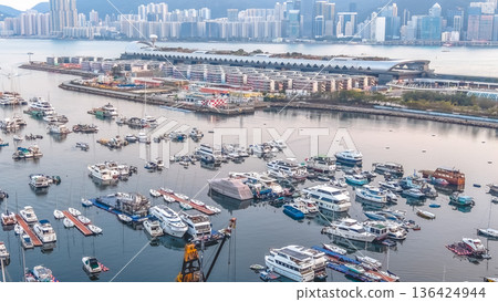 Boats gather densely within Kwun Tong Typhoon Shelter waters Feb 8 2026 136424944