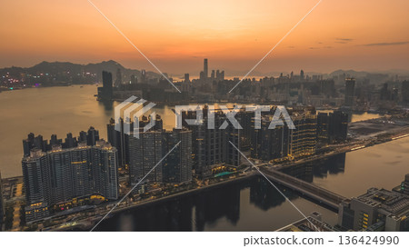 Kowloon Bay skyline glowing during early evening twilight Feb 8 2022 Kowloon Bay skyline glowing during early evening twilight Feb 8 2022 136424990
