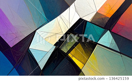 Geometric abstract background with colorful intersecting lines, stained glass style modern graphic with lines and textures 136425159