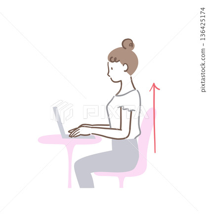 插畫素材：一位女士端坐在椅子上，姿勢正確，正在操作電腦。 136425174