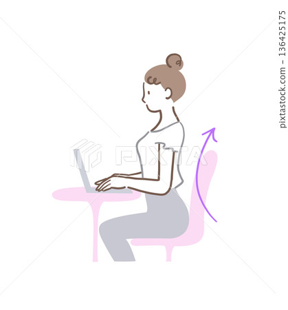 插畫資料：一位女士坐在靠背傾斜的椅子上操作電腦。 136425175