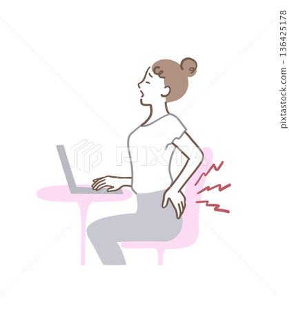 Illustration material of a woman who has a backache from sitting and working on a computer Illustration material of a woman who has a backache from sitting and working on a computer 136425178