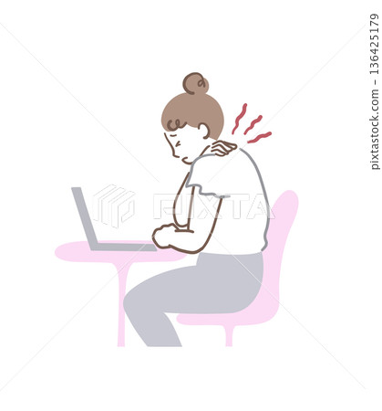 插畫資料：一位女士因久坐電腦工作而肩膀疼痛。 136425179