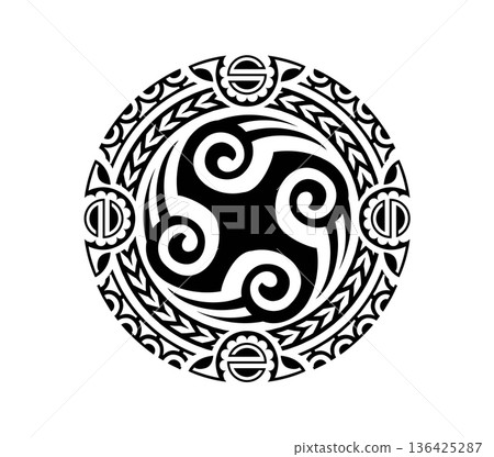 Maori sun medallion tribal graphic black tattoo or sticker. Maori warrior abstract symbol, Samoan tribe graphic decoration. New Zealand tribal folk tattoo Maori sun medallion tribal graphic black tattoo or sticker. Maori warrior abstract symbol, Samoan tribe graphic decoration. New Zealand tribal folk tattoo 136425287