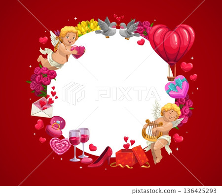 Happy Valentine day holiday frame. Circular vector border decorated with romantic symbols like cupids, roses, love letter, doves, wine glasses and gift boxes with a blank center for festive greetings Happy Valentine day holiday frame. Circular vector border decorated with romantic symbols like cupids, roses, love letter, doves, wine glasses and gift boxes with a blank center for festive greetings 136425293