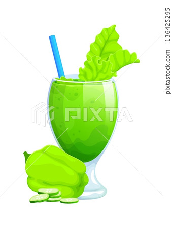 Green vegan smoothie glass drink. Fresh green smoothie decorated with lettuce leaves and straw, sliced cucumbers and green pepper. Healthy nutrition, detox diet organic beverage Green vegan smoothie glass drink. Fresh green smoothie decorated with lettuce leaves and straw, sliced cucumbers and green pepper. Healthy nutrition, detox diet organic beverage 136425295