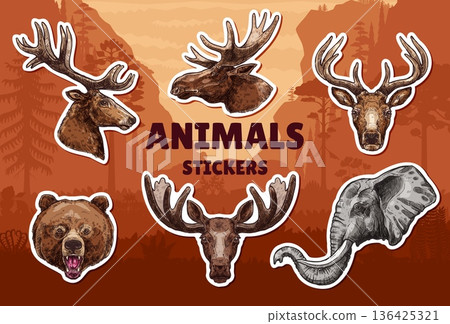 Hunting sport animals stickers. Deer with large antlers, roaring bear, majestic elephant, elk and moose. Detailed animals sketch with fur texture, tusks and horns. Hunting trophy animals 136425321