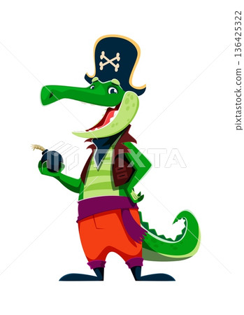 Cartoon crocodile animal pirate vector character with green body and long snout, wearing striped shirt, red trousers and dark jacket. Croc corsair holds a black round bomb. Funny personage for party Cartoon crocodile animal pirate vector character with green body and long snout, wearing striped shirt, red trousers and dark jacket. Croc corsair holds a black round bomb. Funny personage for party 136425322