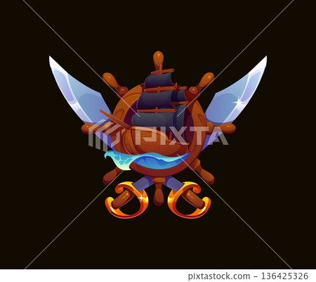 Game asset of cartoon pirate heraldry icon with corsair sail ship, steering wheel, crossed swords and sea water splash. Vector nautical heraldic and swashbuckling crest or emblem of rover galleon Game asset of cartoon pirate heraldry icon with corsair sail ship, steering wheel, crossed swords and sea water splash. Vector nautical heraldic and swashbuckling crest or emblem of rover galleon 136425326