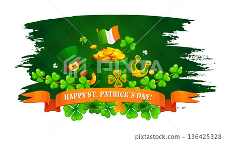 Grunge happy St Patrick s day holiday banner with pot of gold coins, Irish flag, golden horseshoe, leprechaun hat, trefoil shamrock leaf, treasure in cauldron and orange ribbon with festive lettering Grunge happy St Patrick s day holiday banner with pot of gold coins, Irish flag, golden horseshoe, leprechaun hat, trefoil shamrock leaf, treasure in cauldron and orange ribbon with festive lettering 136425328