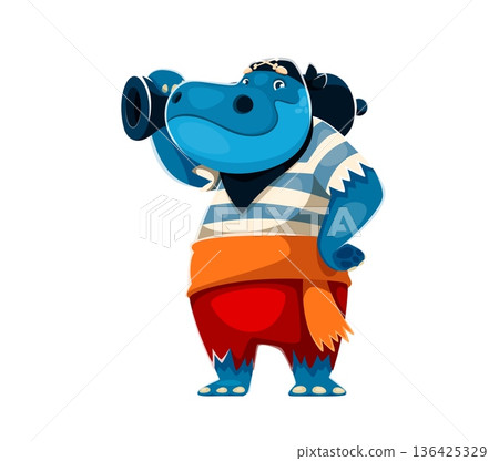 Cartoon hippo animal pirate gunner character. Vector corsair sailor with red pants and orange sash stands holding a black cannon. Cute happy hippo personage in pirate costume for kids party 136425329